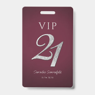 Bourgondië 21e Verjaardag Zilveren Glitter VIP Badge