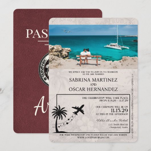 Bourgondië Aruba Paspoort Uitnodiging voor bruilof (Voorkant / Achterkant)