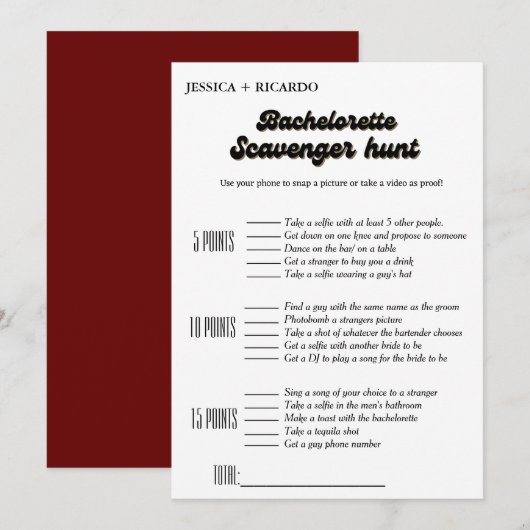 Bourgondië Bachelorette scavenger jacht spel Kaart (Voorkant / Achterkant)