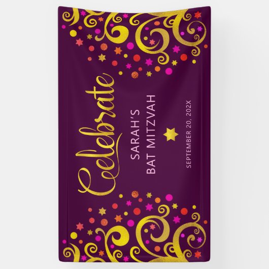 Bourgondië Bat Mitzvah Goud Folie Script Boom des  Spandoek (Verticaal)