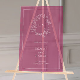 Bourgondië Bladrijke Kuif Monogram Welkom Bruiloft Acryl Bord