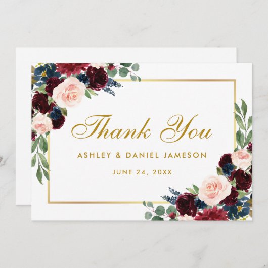 Bourgondië Blauw Bloemen Bruiloft Goud Bedankkaart (Voorkant / Achterkant)