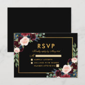 Bourgondië Blauw Bloemen Bruiloft RSVP Zwart Goud (Voorkant / Achterkant)