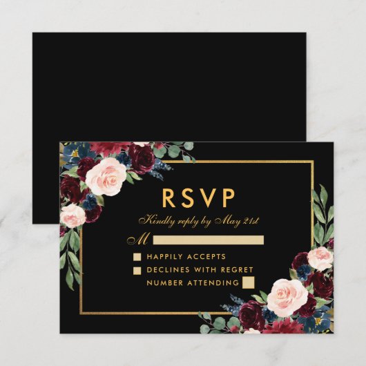 Bourgondië Blauw Bloemen Bruiloft RSVP Zwart Goud (Voorkant / Achterkant)