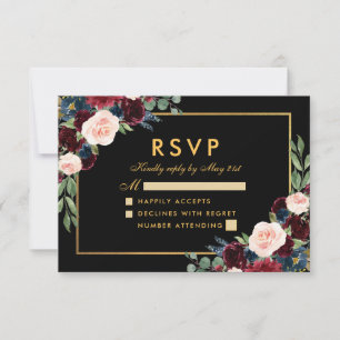Bourgondië Blauw Bloemen Bruiloft RSVP Zwart Goud Kaartje