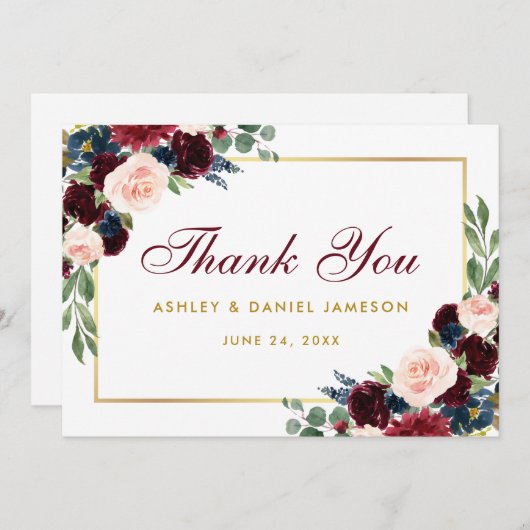 Bourgondië Blauw Bloemen Goud Bruiloft Bedankt (Voorkant / Achterkant)