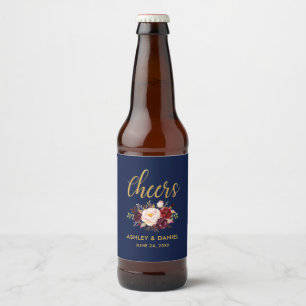 Bourgondië Blauw Bloemen Goud Bruiloft Proost Bier Etiket
