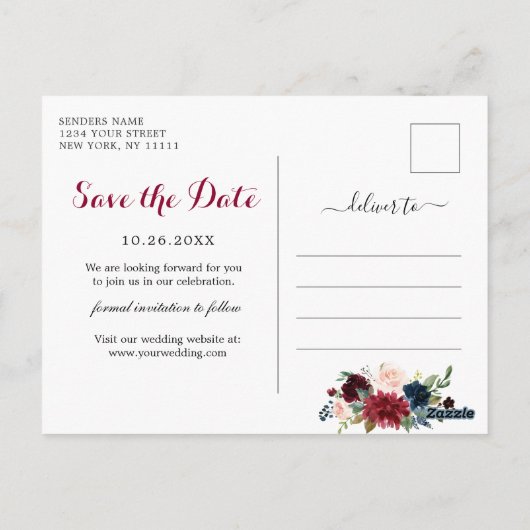 Bourgondië Blauw Blush Bloemen Bruiloft Save the D Briefkaart (Achterkant)