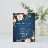 Bourgondië Blauw Blush Bloemen Bruiloft Save the D Briefkaart (Staand voorkant)