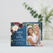 Bourgondië Blauw Blush Bruiloft Foto Save the Date Briefkaart (Staand voorkant)