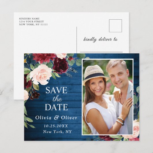 Bourgondië Blauw Blush Bruiloft Foto Save the Date Briefkaart (Voorkant / Achterkant)