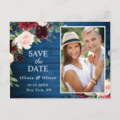 Bourgondië Blauw Blush Bruiloft Foto Save the Date Briefkaart (Voorkant)