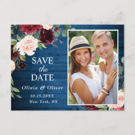 Bourgondië Blauw Blush Bruiloft Foto Save the Date Briefkaart