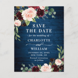 Bourgondië Blauw Blush Landelijke Trouwkaart Save Aankondigingskaart