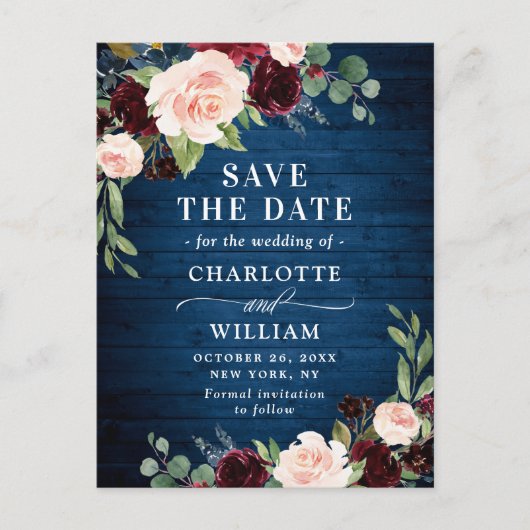 Bourgondië Blauw Blush Rustieke Bruiloft Save the  Briefkaart (Voorkant)