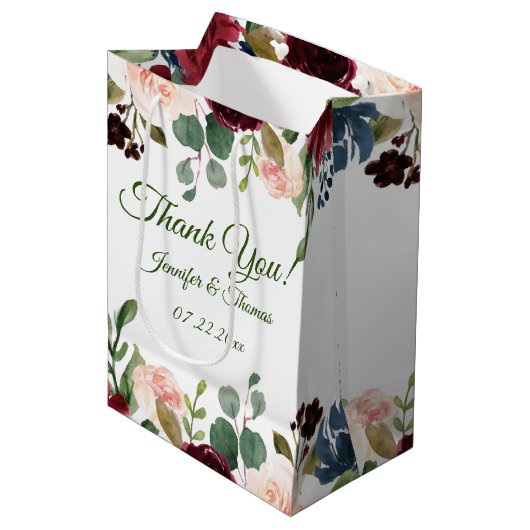 Bourgondië/Blauw Engels Tuin Bloemen Huwelijk Medium Cadeauzakje (Voorkant Gekanteld)