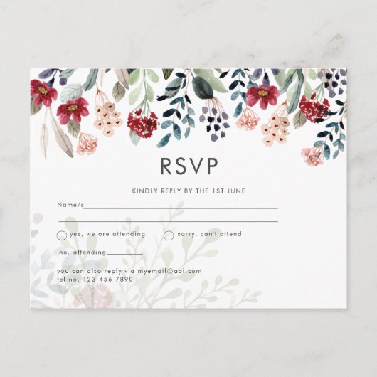 Bourgondië Blauwe Bloemen Bruiloft RSVP Briefkaart (Voorkant)