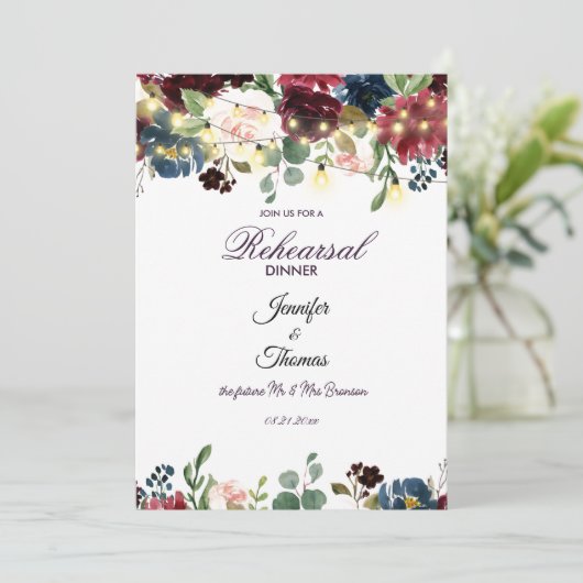 Bourgondië & Blauwe Engelse Bloemen Oefenavondeten Kaart (Staand voorkant)