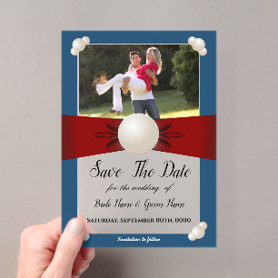Bourgondië & Blauwe Parel Lint Foto Save The Date Acryl Uitnodigingen