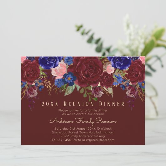 Bourgondië Blauwe Roze Rozen Bloemige Familiereüni Kaart (Staand voorkant)