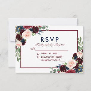 Bourgondië Blauwe Waterverf Bloemen Bruiloft RSVP Kaartje