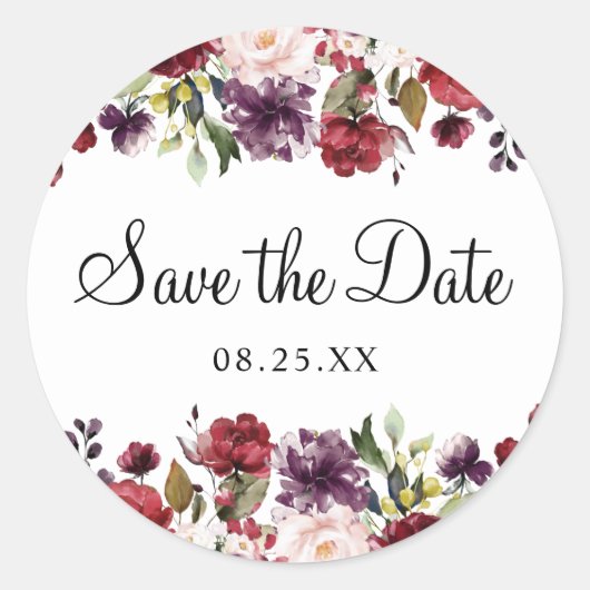 Bourgondië Bliss Bloemen Waterverf Save the Date Ronde Sticker (Voorkant)