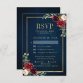 Bourgondië Bloem Goud Kader Navy Trouw RSVP kaart (Voorkant / Achterkant)