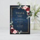 Bourgondië Bloem Goud Marineblauw Landelijke Huwel Bedankkaart (Staand voorkant)