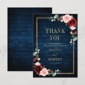 Bourgondië Bloem Goud Marineblauw Landelijke Huwel Bedankkaart (Voorkant / Achterkant)