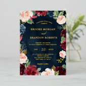 Bourgondië Bloem Goud Marineblauw Roestig Trouwfol Folie Uitnodiging (Staand Voorkant)