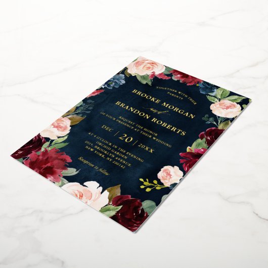 Bourgondië Bloem Goud Marineblauw Roestig Trouwfol Folie Uitnodiging (Gedraaid)