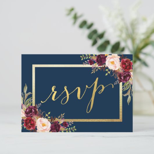Bourgondië Bloemen Blauw Goud Script Huwelijk RSVP (Staand voorkant)