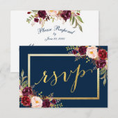 Bourgondië Bloemen Blauw Goud Script Huwelijk RSVP Kaartje (Voorkant / Achterkant)