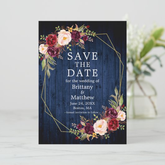 Bourgondië Bloemen Blauw Hout Geo Lijst Foto Save The Date (Staand voorkant)