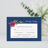 Bourgondië Bloemen en Blauw Bruiloft Maaltijd Keuz RSVP Kaartje (Staand voorkant)