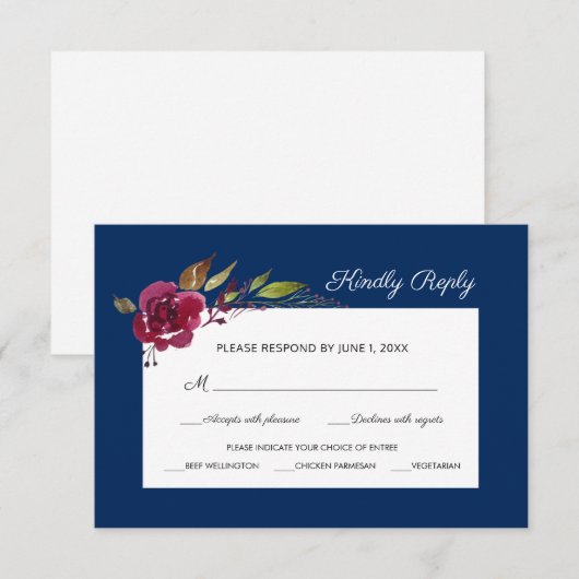 Bourgondië Bloemen en Blauw Bruiloft Maaltijd Keuz RSVP Kaartje (Voorkant / Achterkant)