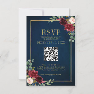 Bourgondië Bloemen Goud Lijst Navy Blue QR code RS RSVP Kaartje