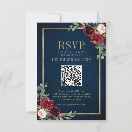 Bourgondië Bloemen Goud Lijst Navy Blue QR code RS RSVP Kaartje (Voorkant)