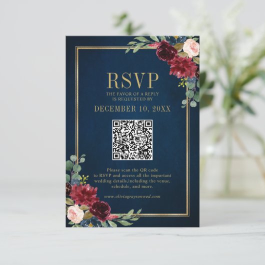 Bourgondië Bloemen Goud Lijst Navy Blue QR code RS RSVP Kaartje (Staand voorkant)