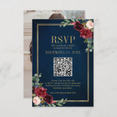 Bourgondië Bloemen Goud Lijst Navy Blue QR code RS RSVP Kaartje (Voorkant / Achterkant)