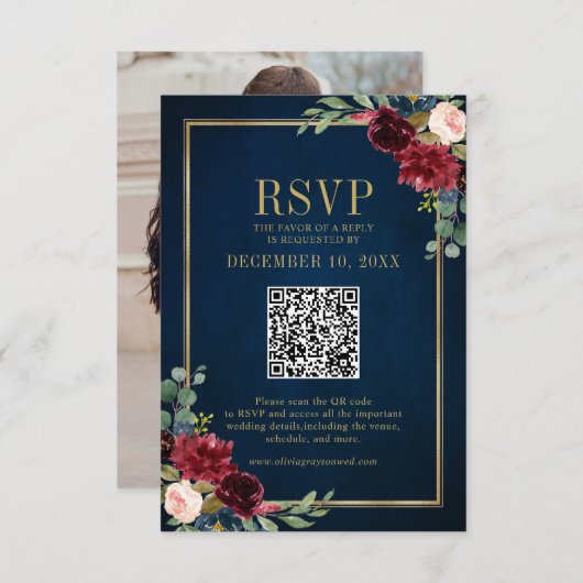 Bourgondië Bloemen Goud Lijst Navy Blue QR code RS RSVP Kaartje (Voorkant / Achterkant)