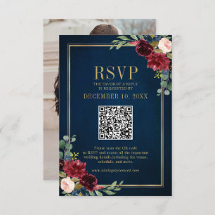 Bourgondië Bloemen Goud Lijst Navy Blue QR code RS RSVP Kaartje