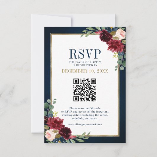 Bourgondië Bloemen Goud Lijst Navy Blue QR code RS RSVP Kaartje (Voorkant)