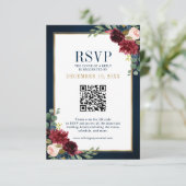 Bourgondië Bloemen Goud Lijst Navy Blue QR code RS RSVP Kaartje (Staand voorkant)