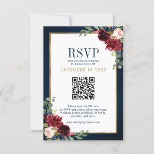 Bourgondië Bloemen Goud Lijst Navy Blue QR code RS RSVP Kaartje