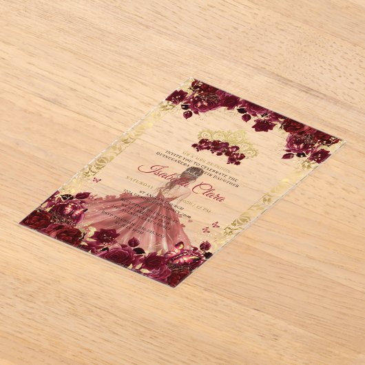 Bourgondië Bloemen Gouden Boog Prinses Quinceanera Acryl Uitnodigingen (Laagn)