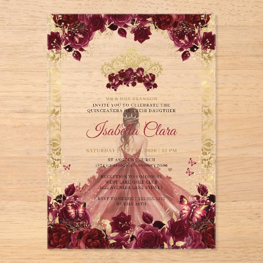 Bourgondië Bloemen Gouden Boog Prinses Quinceanera Acryl Uitnodigingen (Voorkant)