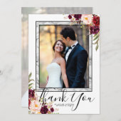 Bourgondië Bloemen Grijs Marmer Script Foto bruilo Bedankkaart (Voorkant / Achterkant)