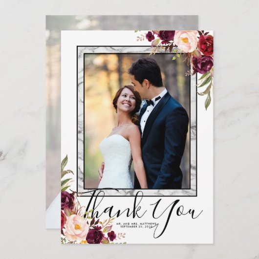 Bourgondië Bloemen Grijs Marmer Script Foto bruilo Bedankkaart (Voorkant / Achterkant)