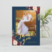 Bourgondië Bloemen Marine Blauw Goud Foto Huwelijk Bedankkaart (Staand voorkant)